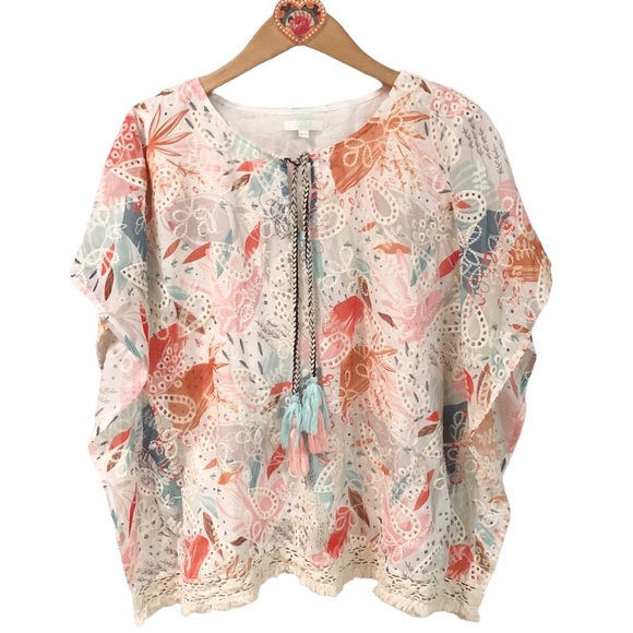 Jade Melody Tan embroidered-eyelet floral print fringed blouse with tass… - Picture 1 of 8